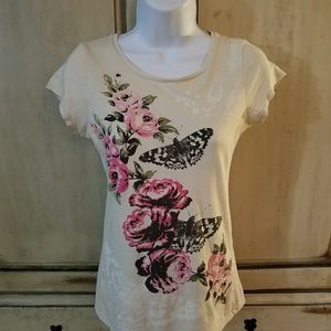 Express Beige Pink Roses Butterfly Tee